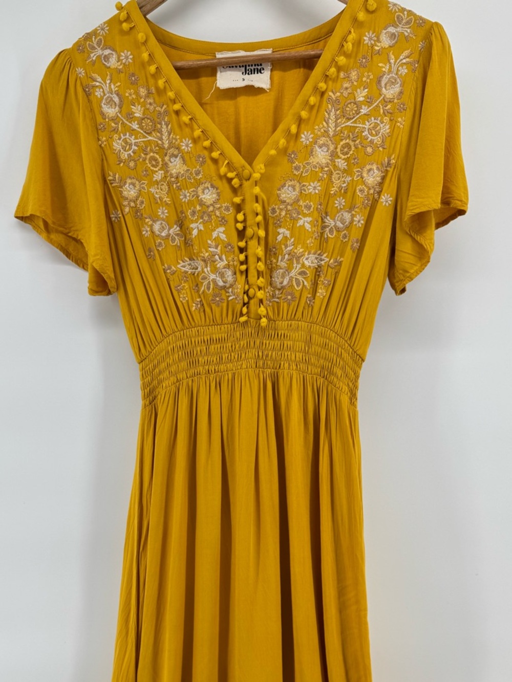 Savanna Jane Mustard Yellow Embroidered V-Neck Maxi Dress Boho Women's Sz Small - Picture 4 of 6